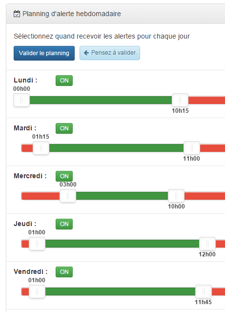 Sélection d'interval horaire pour un planning hebdomadaire d'alerte SMS/E-Mail